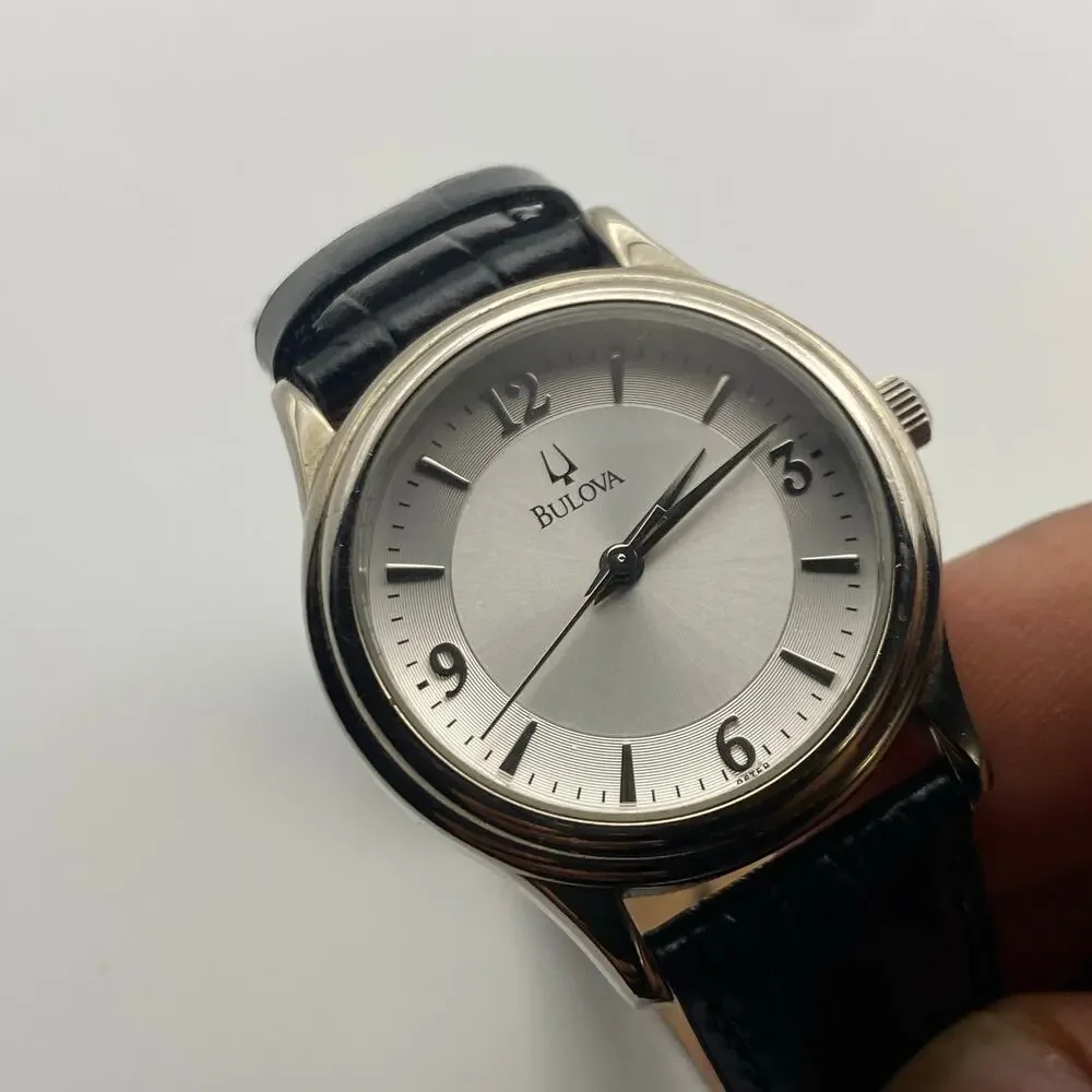 Elegant Bulova Silver Tone Watch with Black Leather Band Working New Battery - Picture 9 of 9